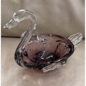 VTG Swan Hand Blown Art Glass Amethyst Trinket Dish Controlled Bubbles Purple